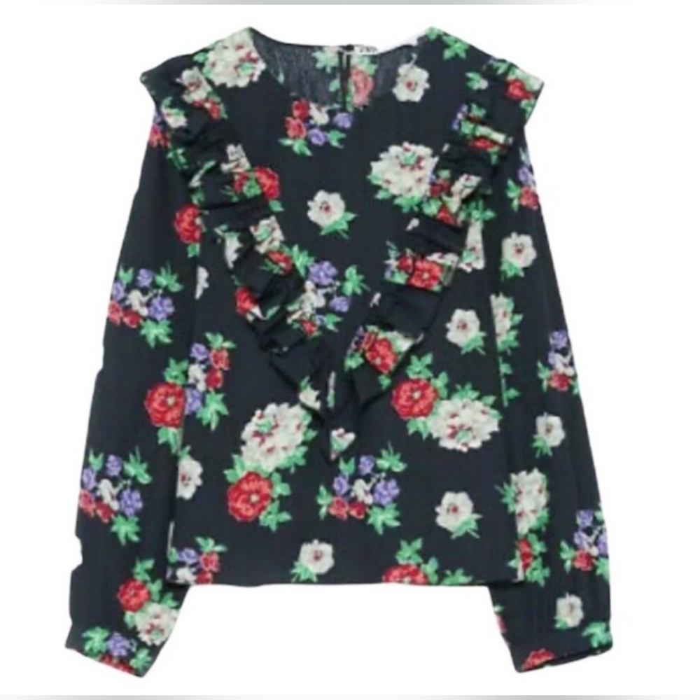 Zara black multicolor floral top with ruffle Sz Large